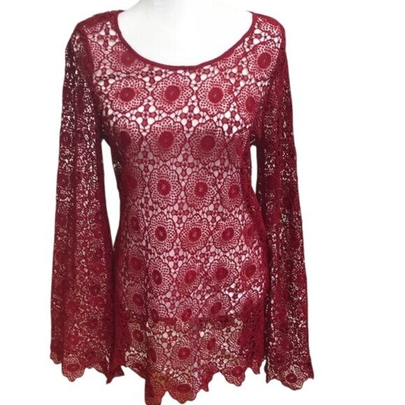 Altar'd State Red Crochet Bell Sleeve Top - Picture 1 of 4